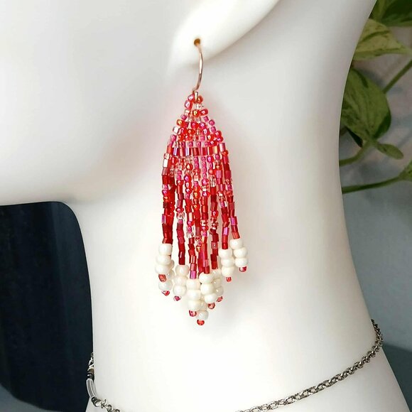 Christmas Beaded Fringe Dangle Earrings, Red & White, 3" - Picture 1 of 8